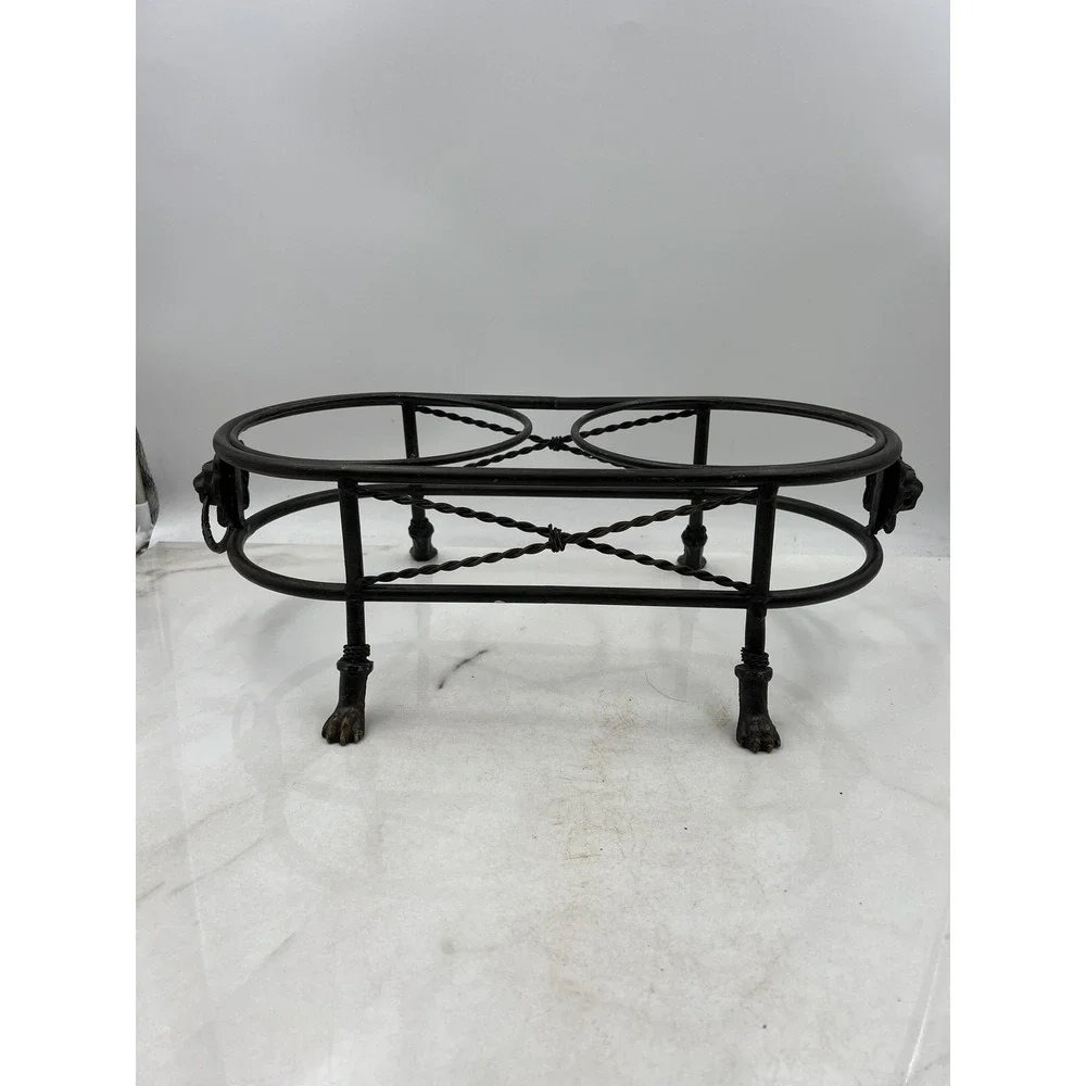 Heavy Metal Wrought Iron Double Pet Bowl Stand Raised Feeder Lion Head Paw Feet
